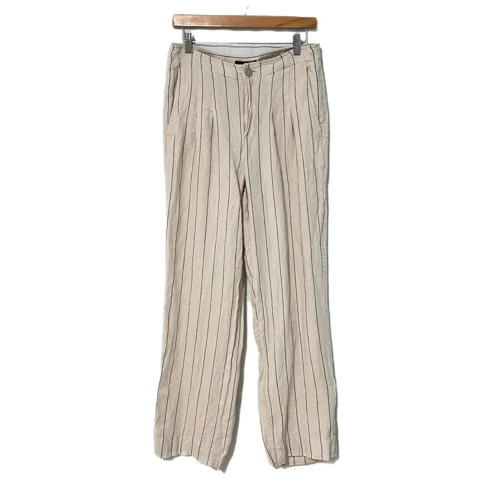 Banana Republic 100% Linen Pants Women 6L Long Tall Striped Wide Leg Pleated